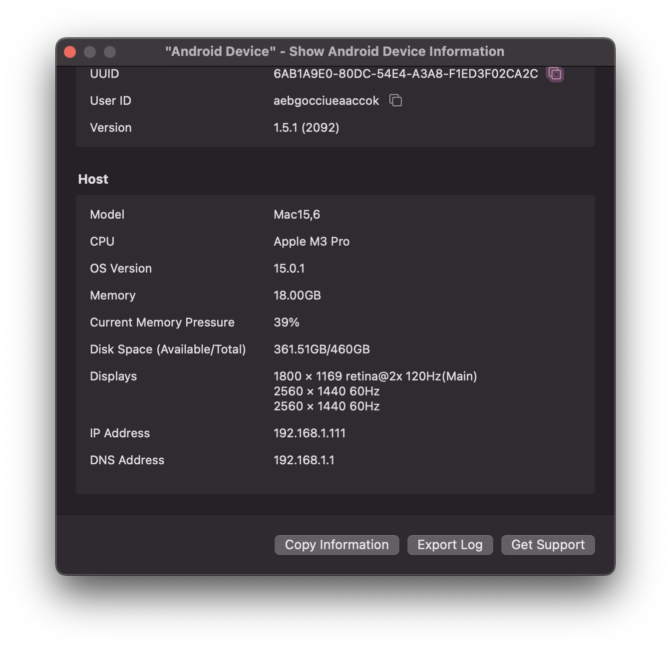 MuMuPlayer Pro - Device Information - Export Log