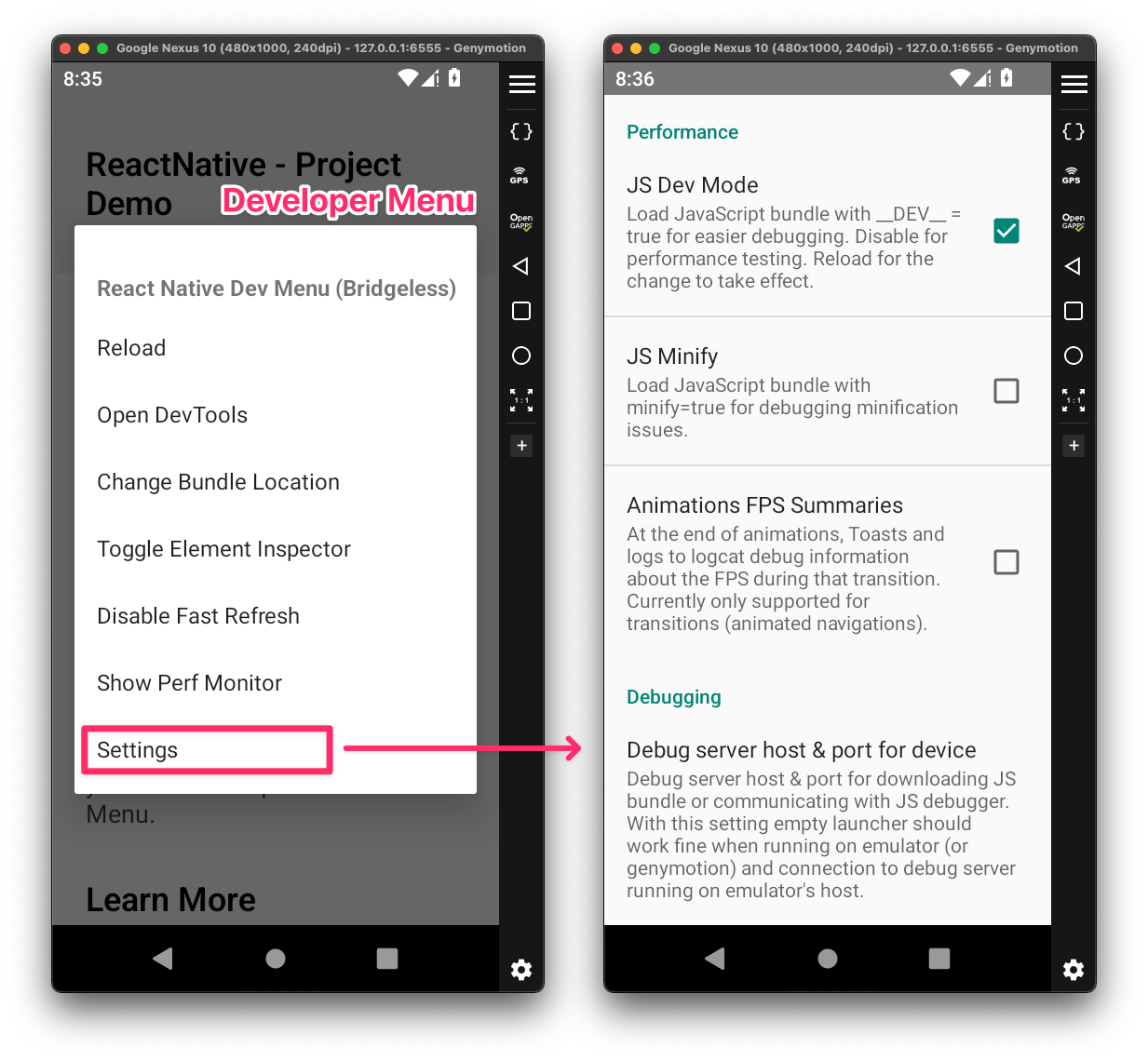 Emulator - React Native Dev Menu