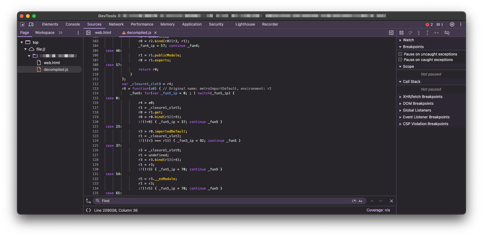 Chrome DevTools - Analyzing Decompiled Javascript Code