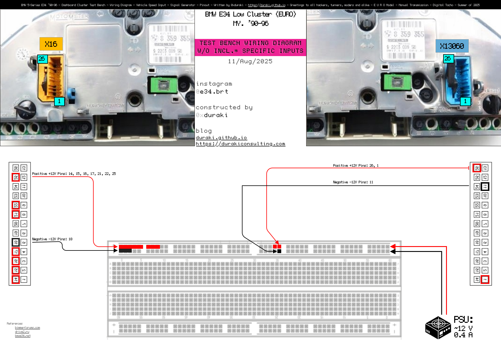 Wiring E34 Low Cluster, Euro, MY. 90-96 - Test Bench