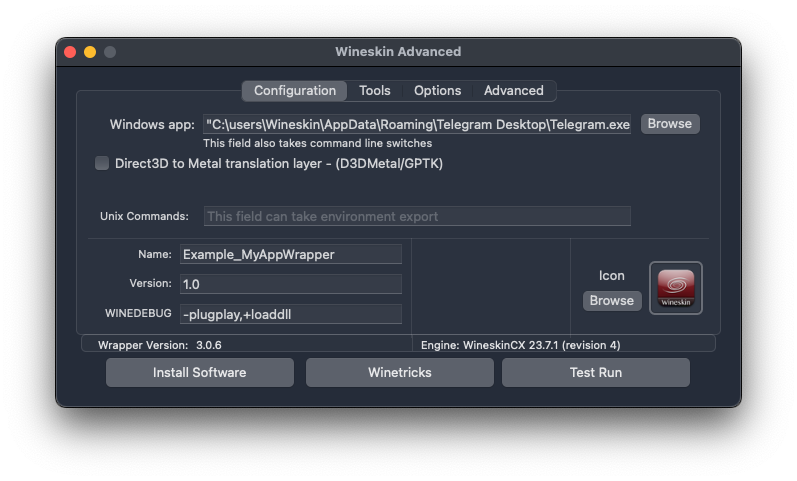 Wineskin Winery - Wineskin Advanced - Configuration